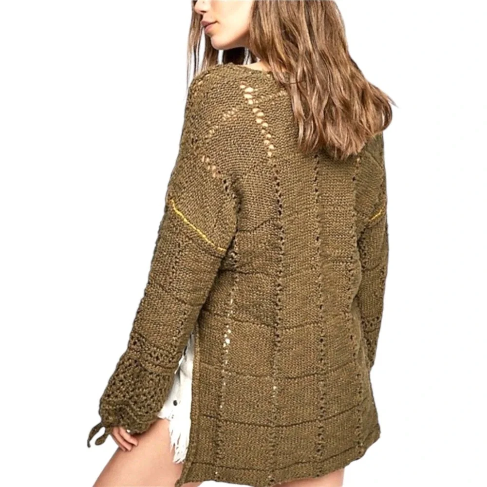 Free People Flower Child Tunic Sweater Moss Green Crochet Deep V-Neck Pullover S